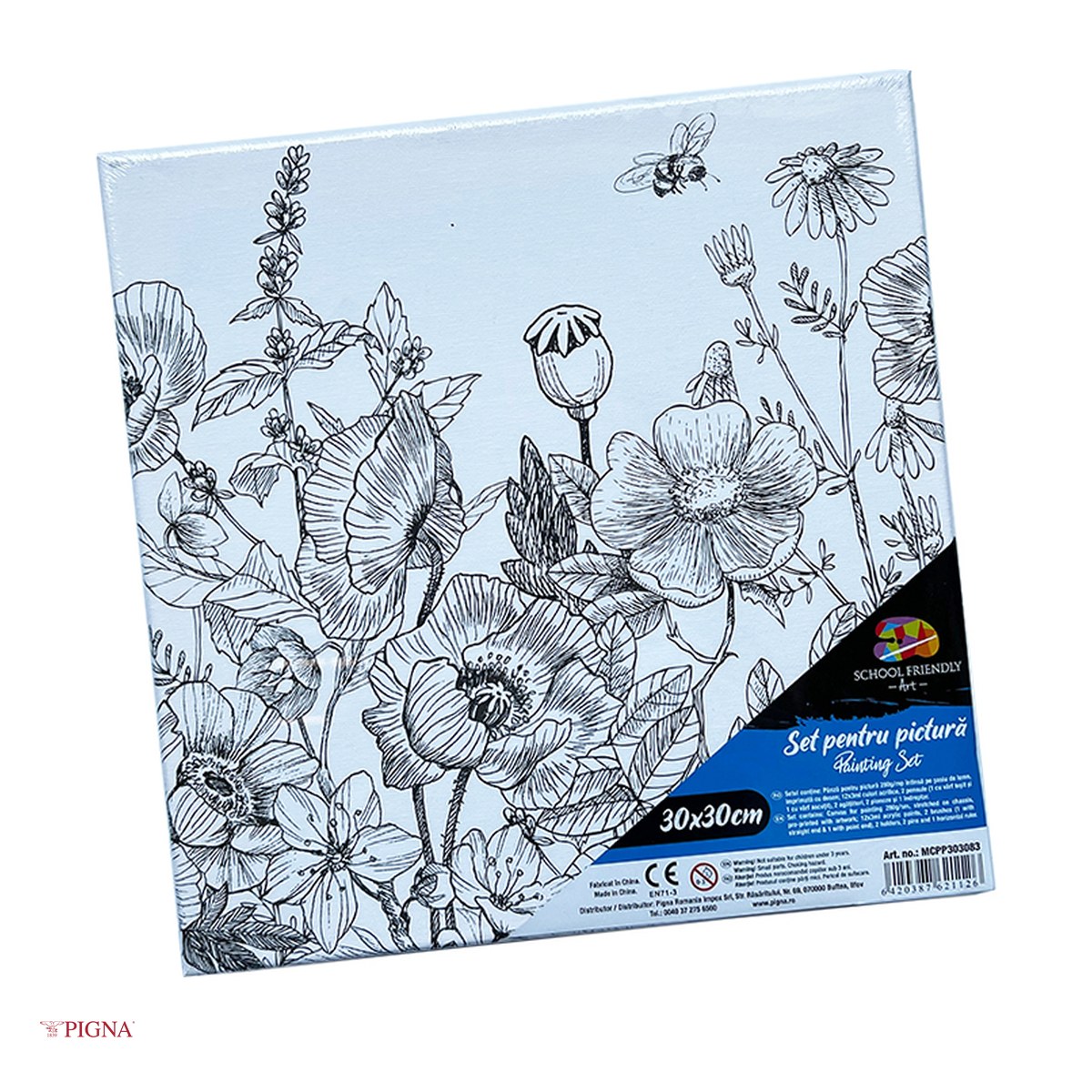 Birotica papetarie - Set pictura pe panza predesenata Pigna SF Art, model flori de camp cu albina, 30x30 cm, cu 12 culori acrilice si 2 pensule