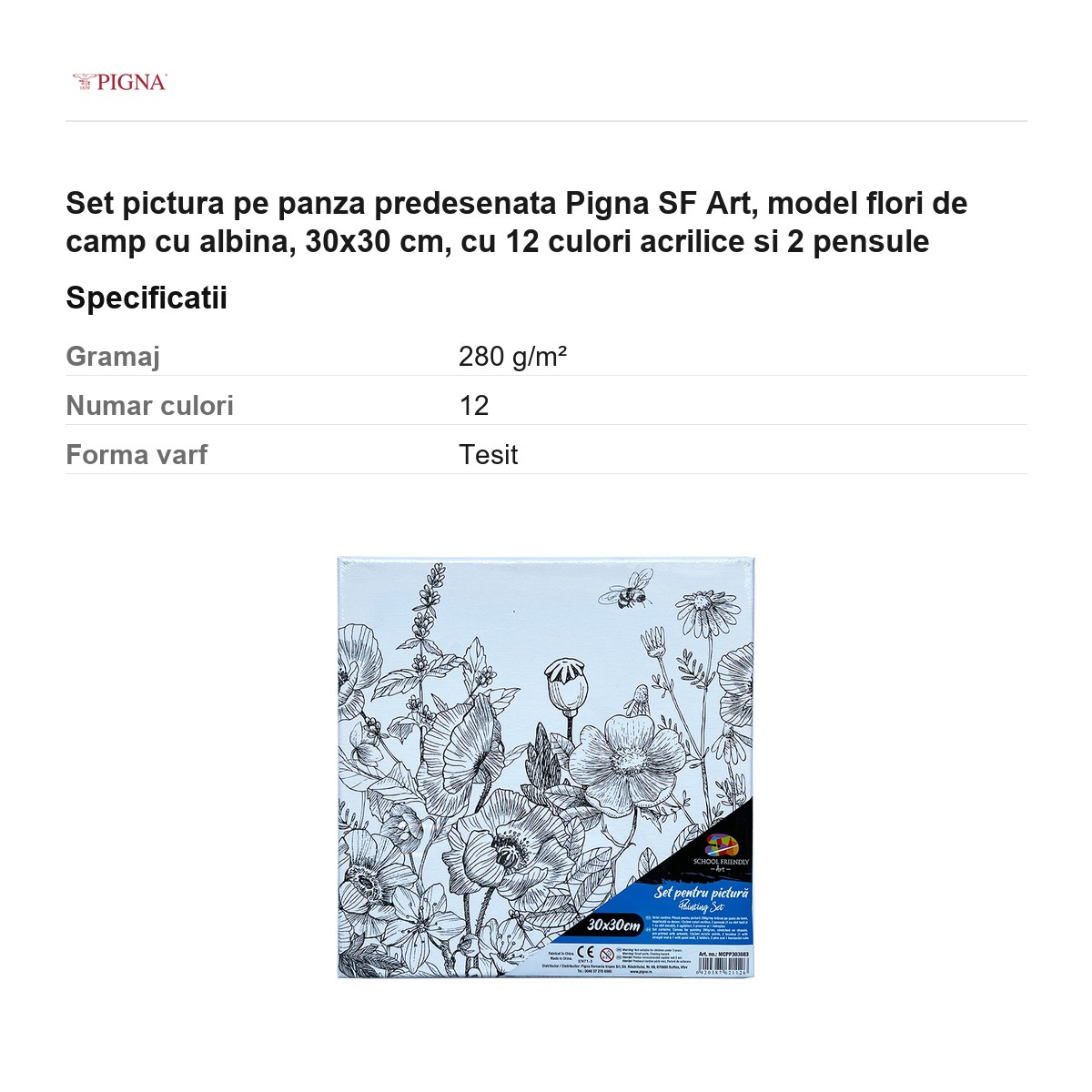 Set pictura pe panza predesenata Pigna SF Art, model flori de camp cu albina, 30x30 cm, cu 12 culori acrilice si 2 pensule [2]