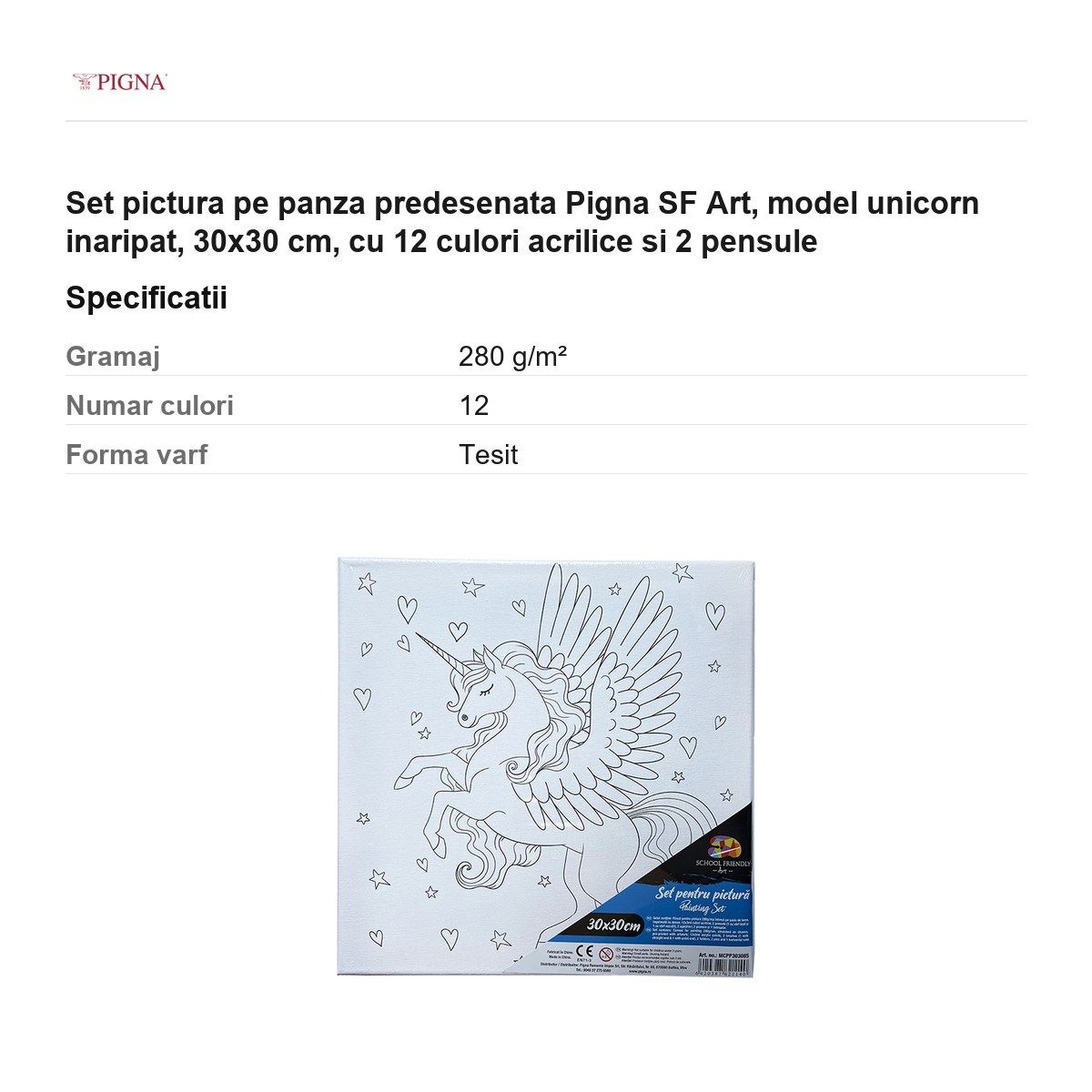 Set pictura pe panza predesenata Pigna SF Art, model unicorn inaripat, 30x30 cm, cu 12 culori acrilice si 2 pensule [2]