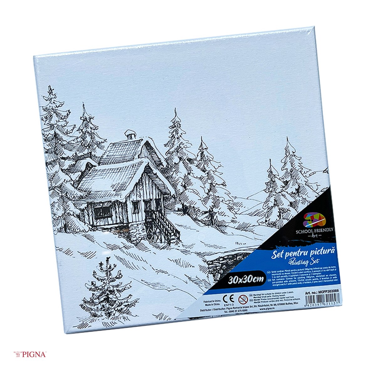 Birotica papetarie - Set pictura pe panza predesenata Pigna SF Art, model cabana iarna in padure, 30x30 cm, cu 12 culori acrilice si 2 pensule