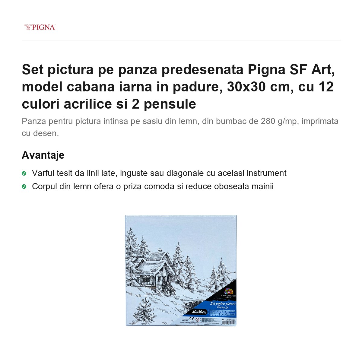 Set pictura pe panza predesenata Pigna SF Art, model cabana iarna in padure, 30x30 cm, cu 12 culori acrilice si 2 pensule [1]