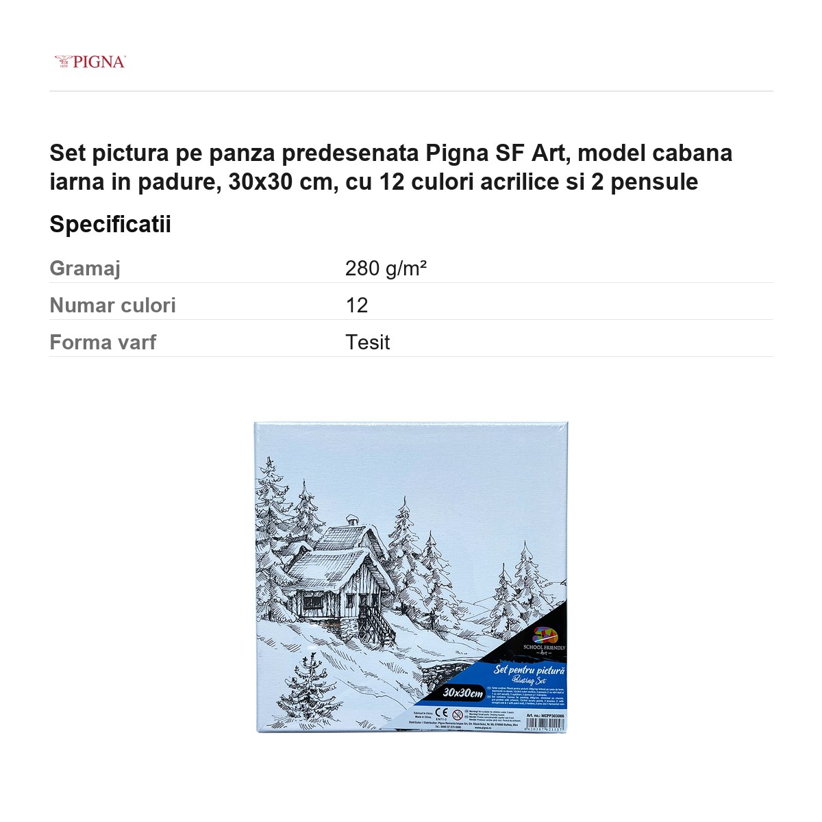 Set pictura pe panza predesenata Pigna SF Art, model cabana iarna in padure, 30x30 cm, cu 12 culori acrilice si 2 pensule [2]