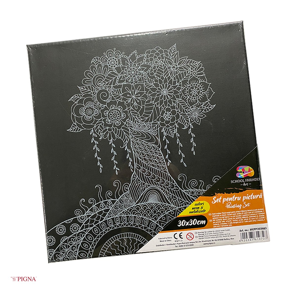 Birotica papetarie - Set pictura pe panza predesenata neagra Pigna SF Art, model copac, 30x30 cm, cu 12 culori acrilice si 2 pensule