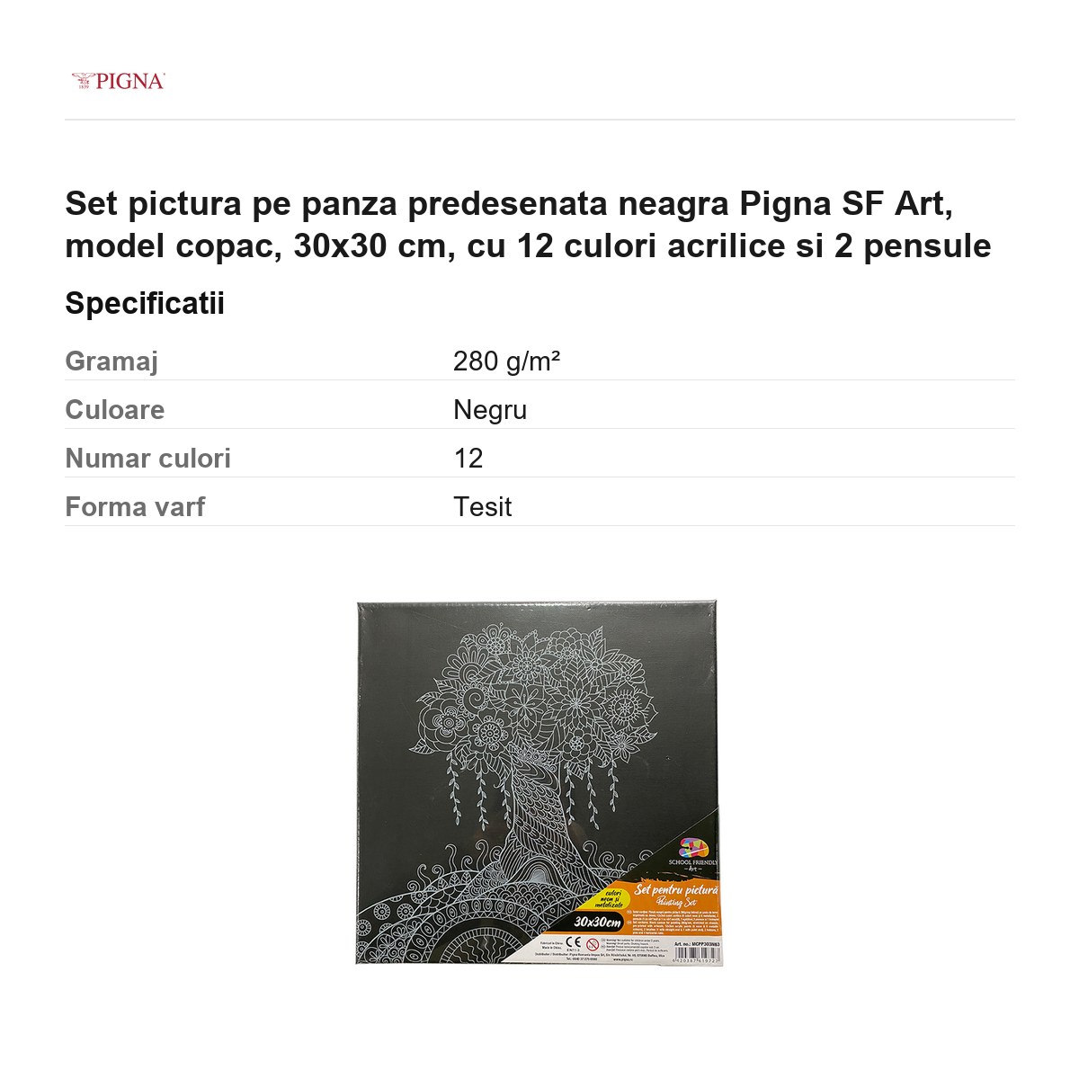 Set pictura pe panza predesenata neagra Pigna SF Art, model copac, 30x30 cm, cu 12 culori acrilice si 2 pensule [2]