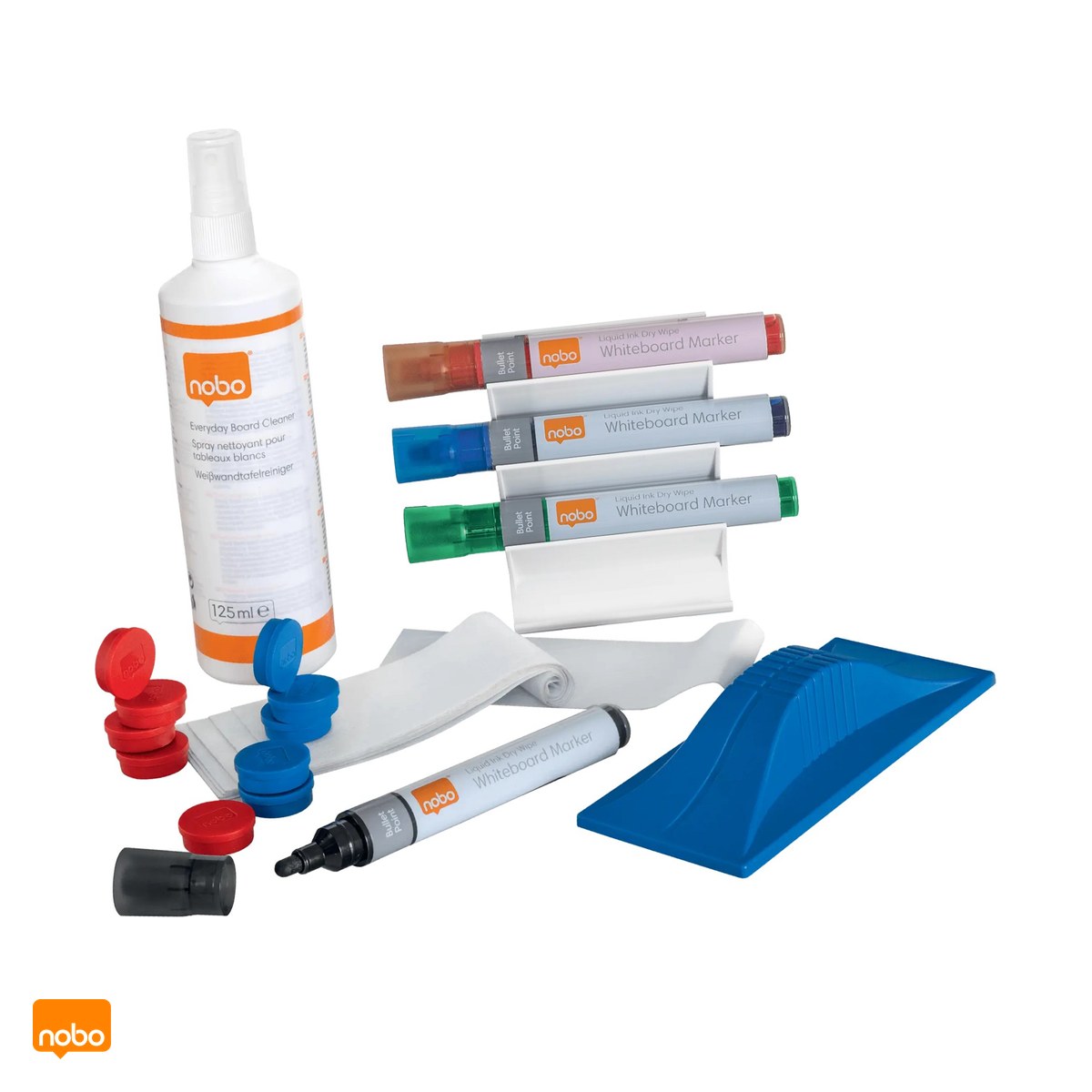 Birotica papetarie - Kit whiteboard profesional Nobo cu 4 markere, suport magnetic, burete magnetic cu 5 rezerve, spray de curatare 125 ml si 10 magneti