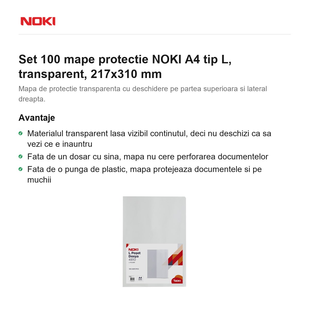 Set 100 mape protectie NOKI A4 tip L, transparent, 217x310 mm [1]