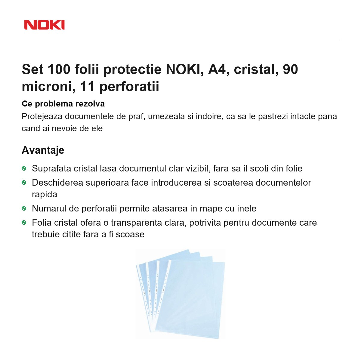 Set 100 folii protectie NOKI, A4, cristal, 90 microni, 11 perforatii [1]