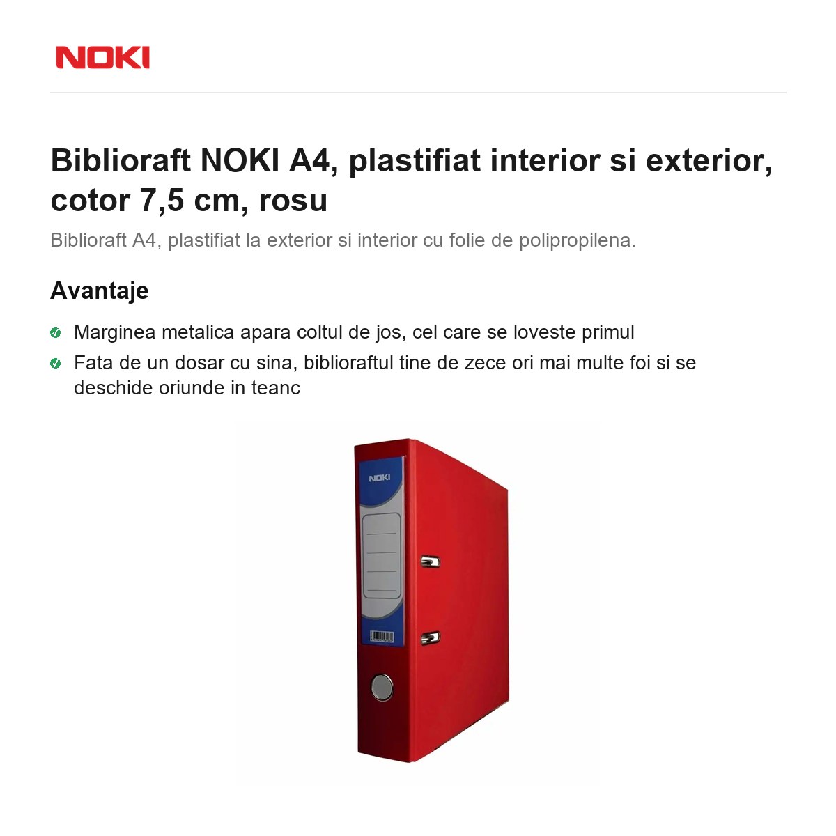 Biblioraft NOKI A4, plastifiat interior si exterior, cotor 7,5 cm, rosu [1]