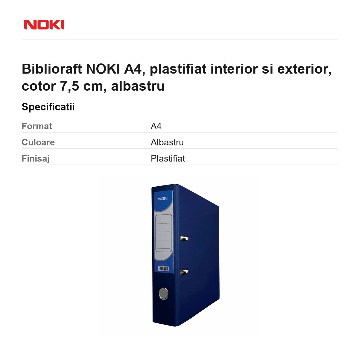 Biblioraft NOKI A4, plastifiat interior si exterior, cotor 7,5 cm, albastru [2]