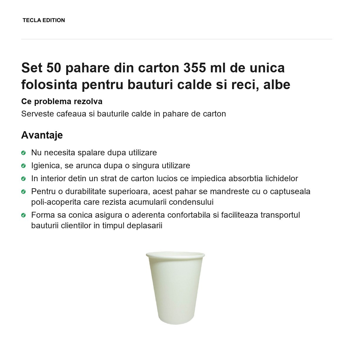 Set 50 pahare din carton 355 ml de unica folosinta pentru bauturi calde si reci, albe [1]