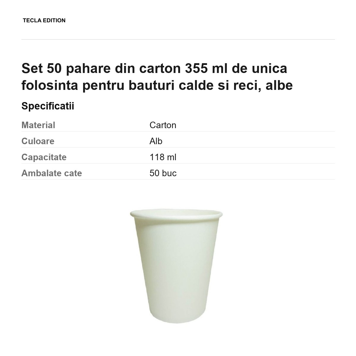Set 50 pahare din carton 355 ml de unica folosinta pentru bauturi calde si reci, albe [2]