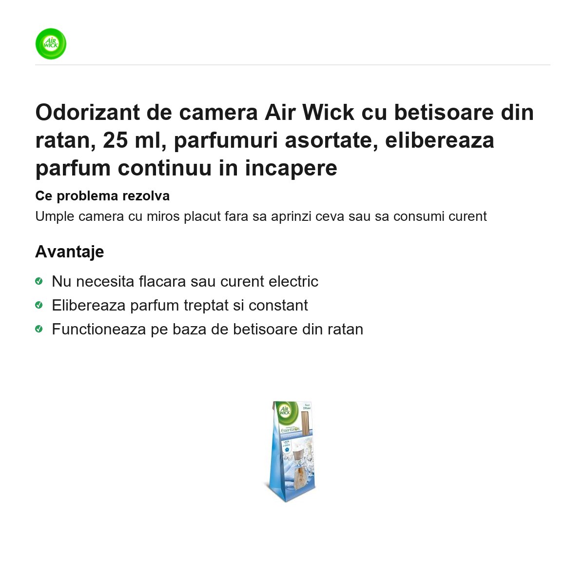 Odorizant de camera Air Wick cu betisoare din ratan, 25 ml, parfumuri asortate, elibereaza parfum continuu in incapere [1]