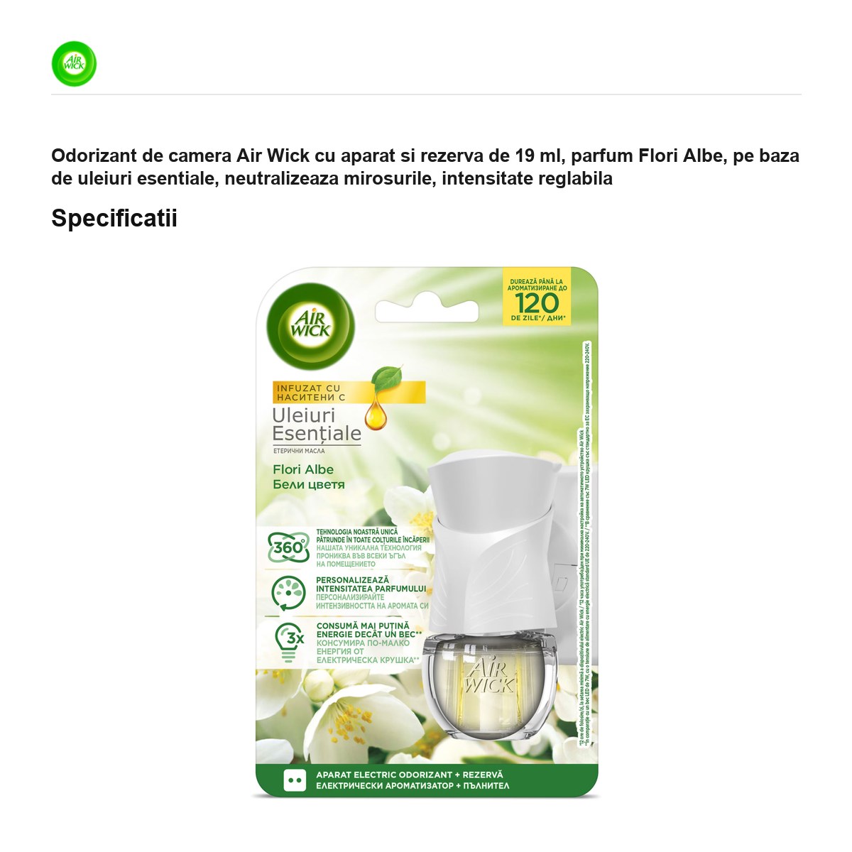 Odorizant de camera Air Wick cu aparat si rezerva de 19 ml, parfum Flori Albe, pe baza de uleiuri esentiale, neutralizeaza mirosurile, intensitate reglabila [2]