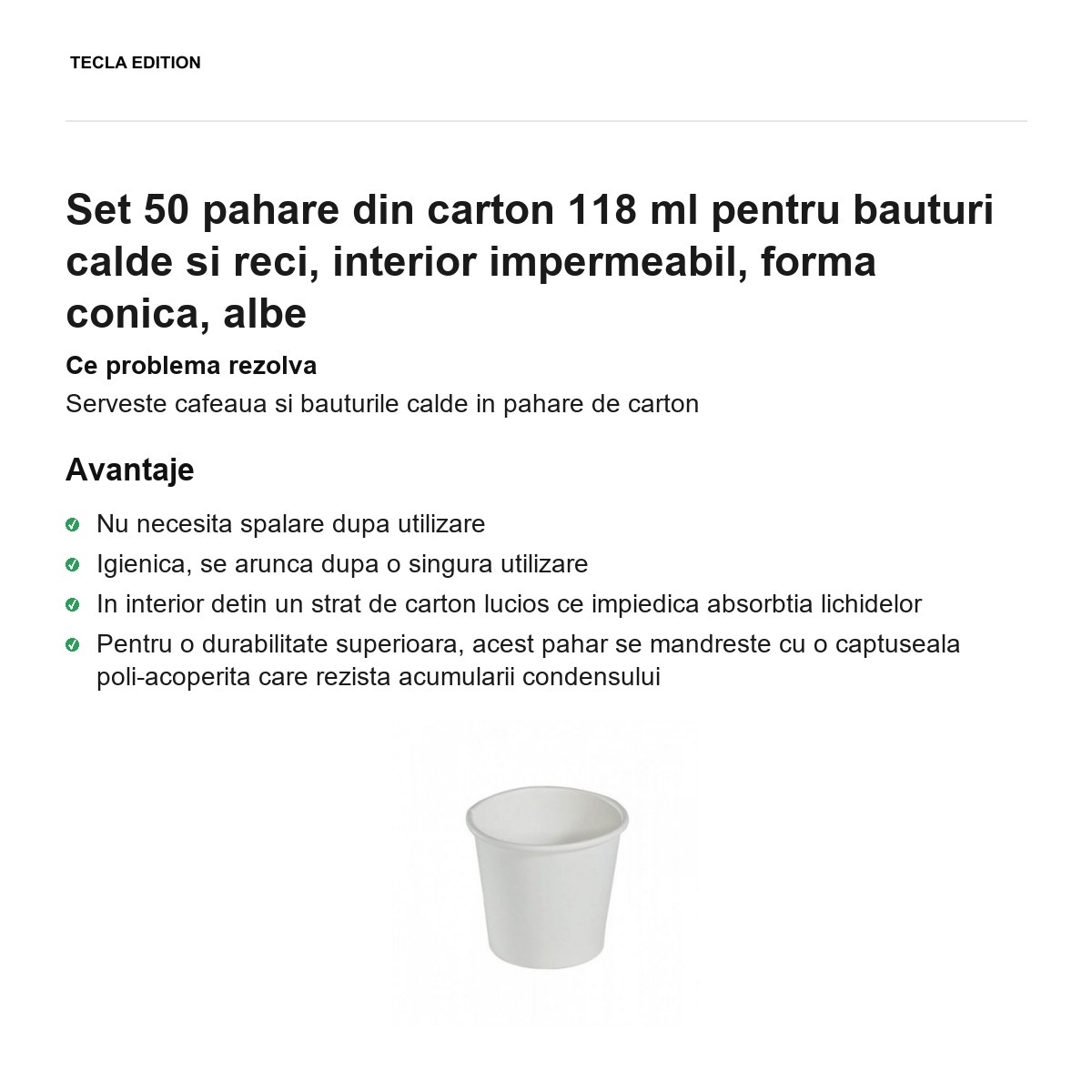 Set 50 pahare din carton 118 ml pentru bauturi calde si reci, interior impermeabil, forma conica, albe [1]