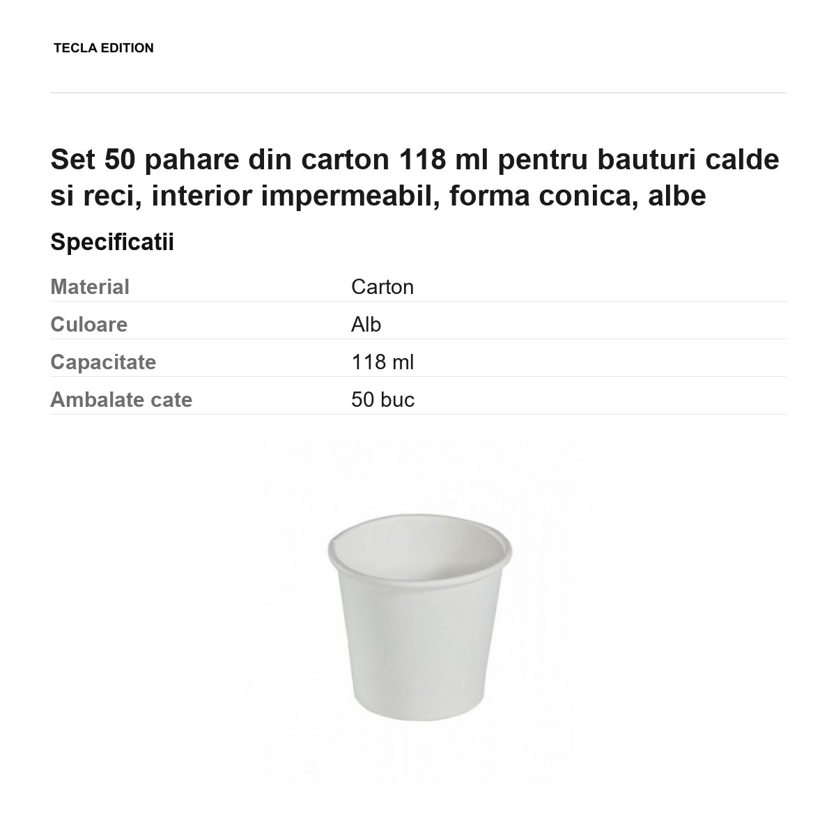 Set 50 pahare din carton 118 ml pentru bauturi calde si reci, interior impermeabil, forma conica, albe [2]