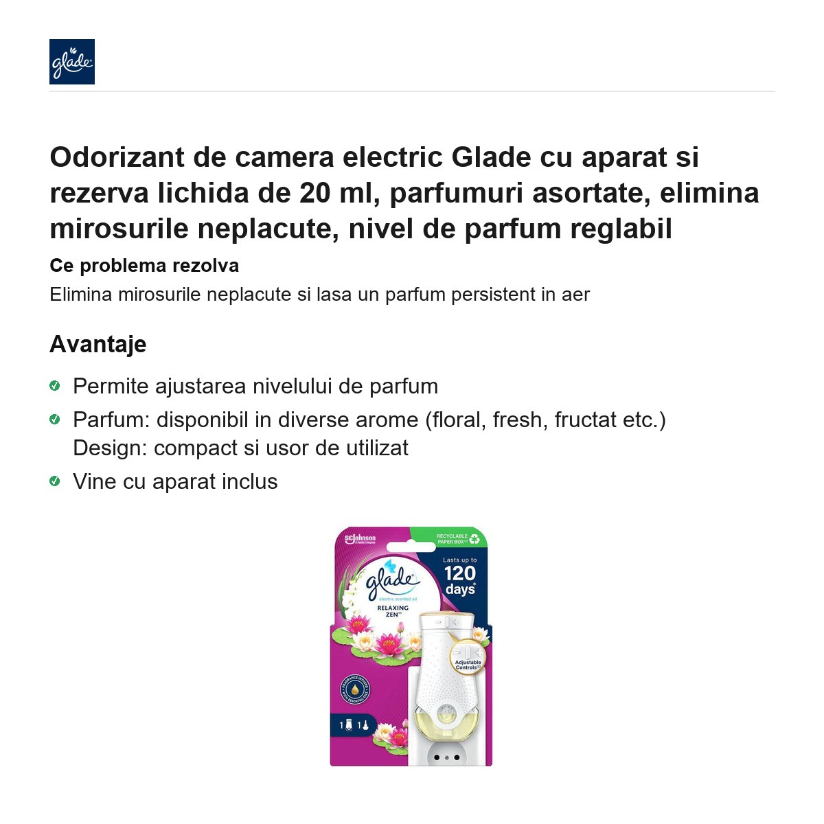 Odorizant de camera electric Glade cu aparat si rezerva lichida de 20 ml, parfumuri asortate, elimina mirosurile neplacute, nivel de parfum reglabil [1]