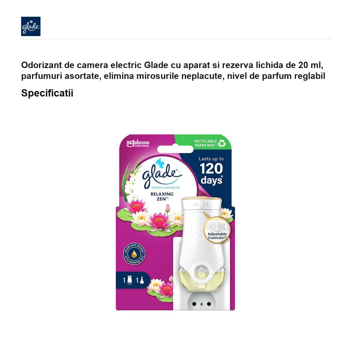 Odorizant de camera electric Glade cu aparat si rezerva lichida de 20 ml, parfumuri asortate, elimina mirosurile neplacute, nivel de parfum reglabil [2]
