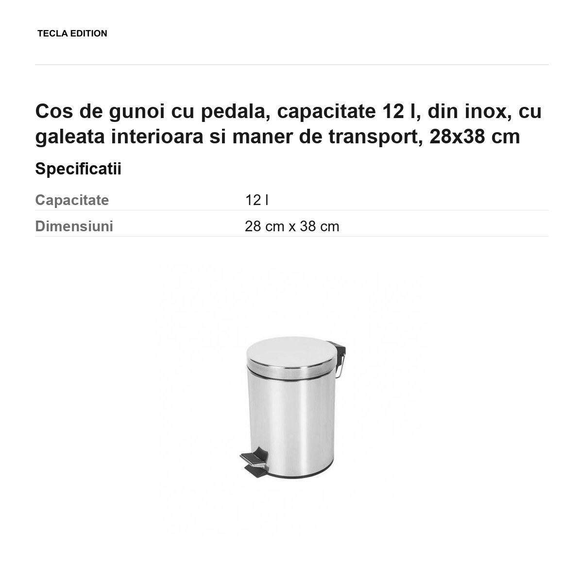Cos de gunoi cu pedala, capacitate 12 l, din inox, cu galeata interioara si maner de transport, 28x38 cm [2]