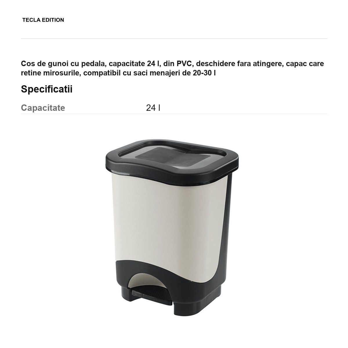 Cos de gunoi cu pedala, capacitate 24 l, din PVC, deschidere fara atingere, capac care retine mirosurile, compatibil cu saci menajeri de 20-30 l [2]