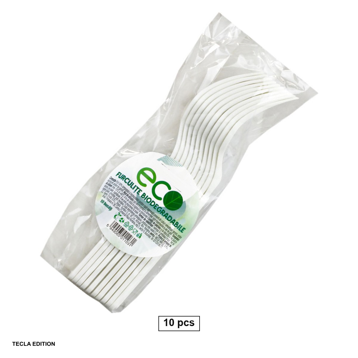 Vesela unica folosinta - Set 10 furculite rezistente, de unica folosinta, din plastic biodegradabil, albe