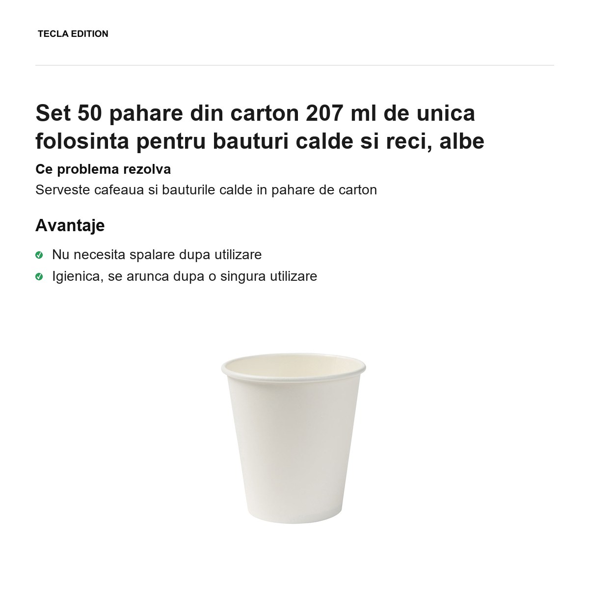 Set 50 pahare din carton 207 ml de unica folosinta pentru bauturi calde si reci, albe [1]