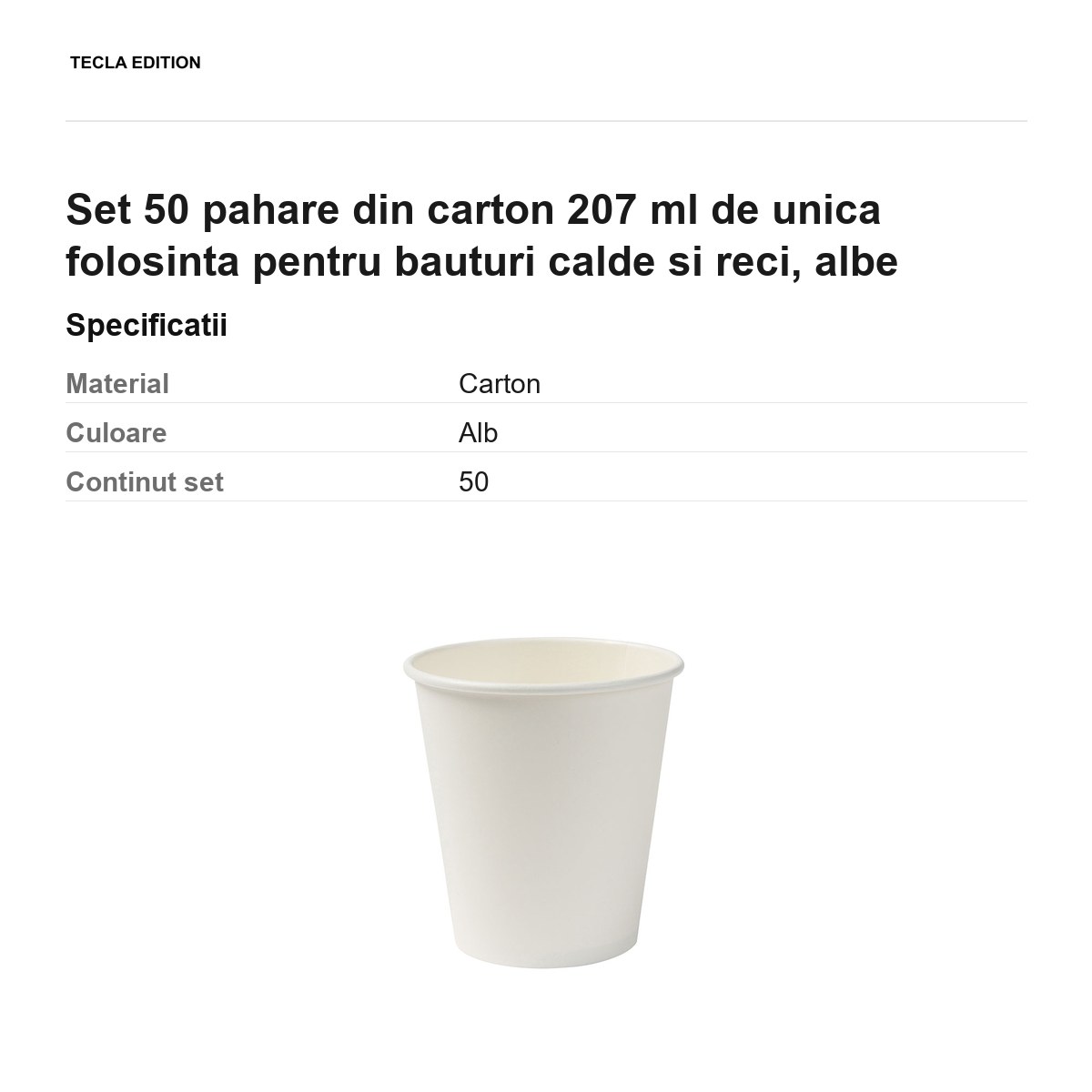 Set 50 pahare din carton 207 ml de unica folosinta pentru bauturi calde si reci, albe [2]