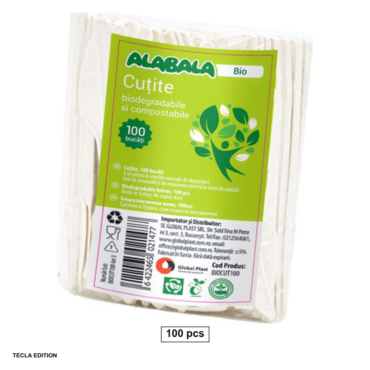 Vesela unica folosinta - Set 100 cutite de unica folosinta, din plastic biodegradabil, rezistente pana la 85 de grade, albe