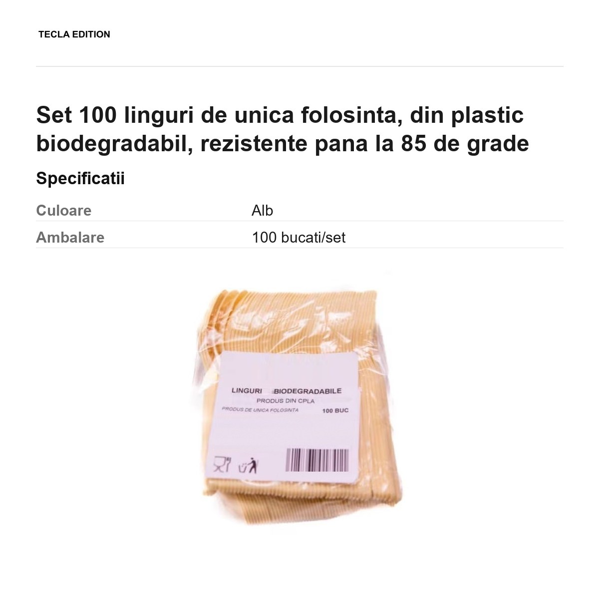 Set 100 linguri de unica folosinta, din plastic biodegradabil, rezistente pana la 85 de grade [2]