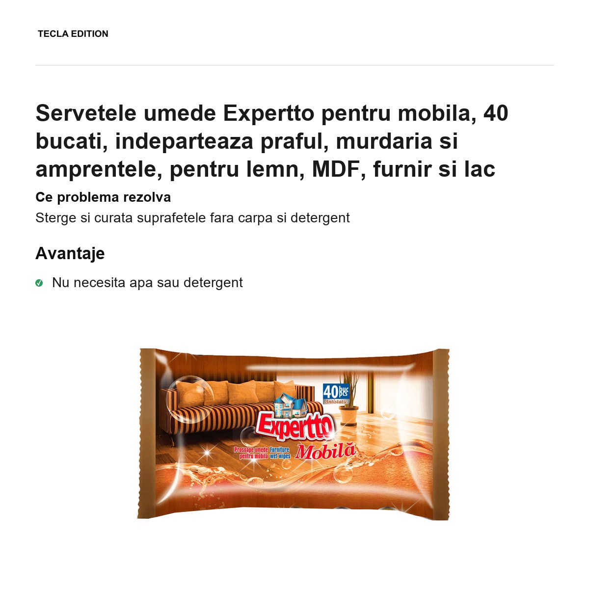 Servetele umede Expertto pentru mobila, 40 bucati, indeparteaza praful, murdaria si amprentele, pentru lemn, MDF, furnir si lac [1]