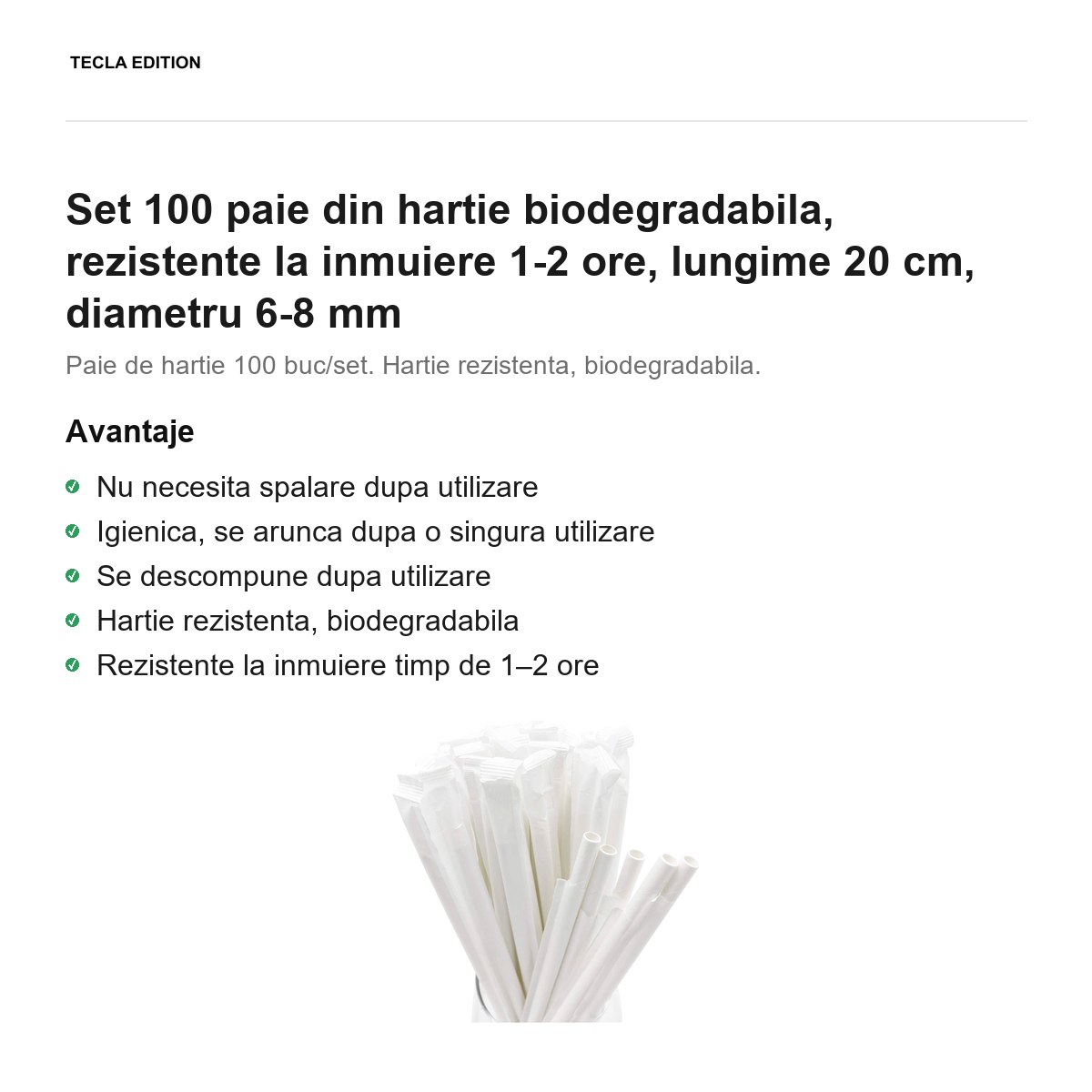 Set 100 paie din hartie biodegradabila, rezistente la inmuiere 1-2 ore, lungime 20 cm, diametru 6-8 mm [1]