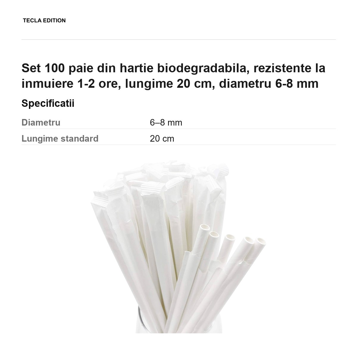 Set 100 paie din hartie biodegradabila, rezistente la inmuiere 1-2 ore, lungime 20 cm, diametru 6-8 mm [2]
