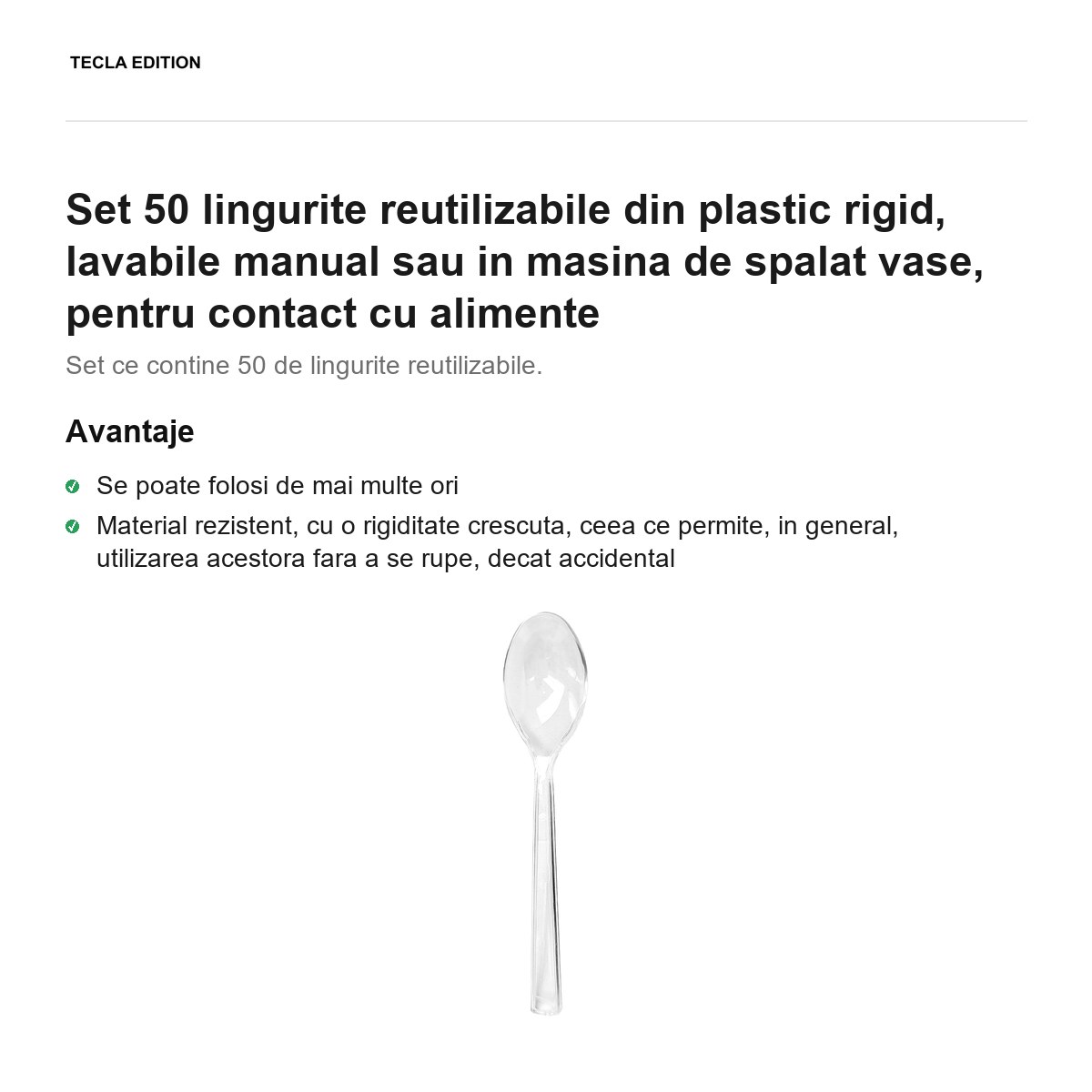 Set 50 lingurite reutilizabile din plastic rigid, lavabile manual sau in masina de spalat vase, pentru contact cu alimente [1]