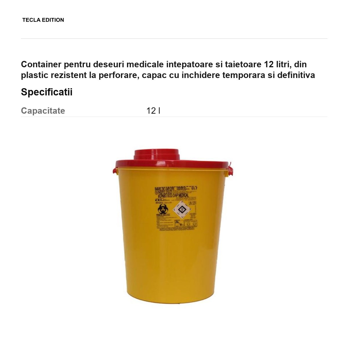 Container pentru deseuri medicale intepatoare si taietoare 12 litri, din plastic rezistent la perforare, capac cu inchidere temporara si definitiva [2]
