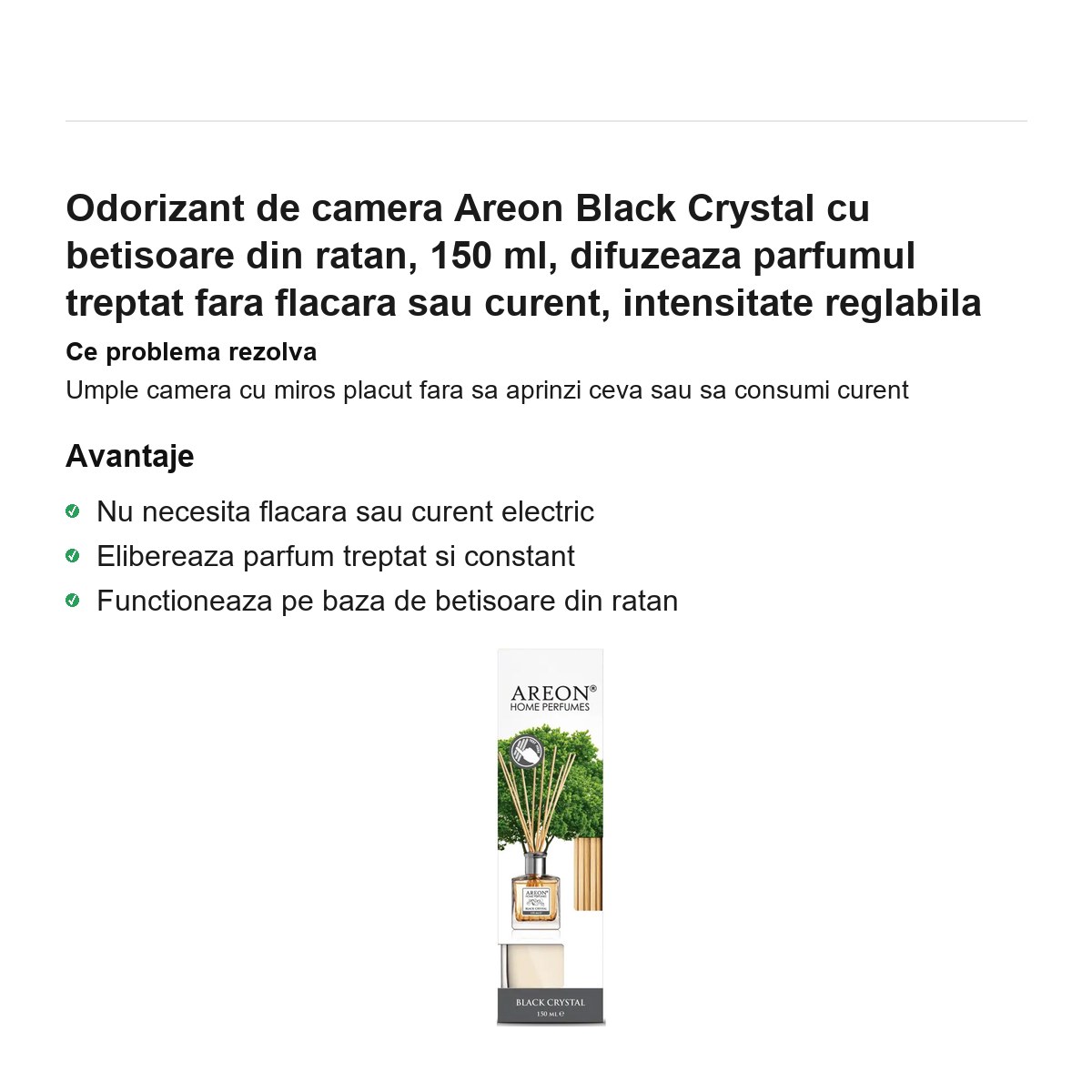 Odorizant de camera Areon Black Crystal cu betisoare din ratan, 150 ml, difuzeaza parfumul treptat fara flacara sau curent, intensitate reglabila [1]