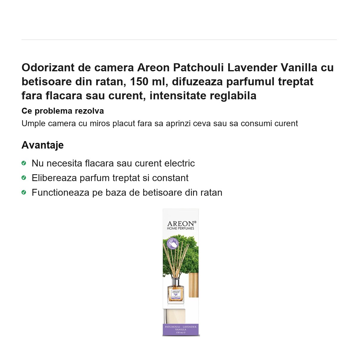 Odorizant de camera Areon Patchouli Lavender Vanilla cu betisoare din ratan, 150 ml, difuzeaza parfumul treptat fara flacara sau curent, intensitate reglabila [1]