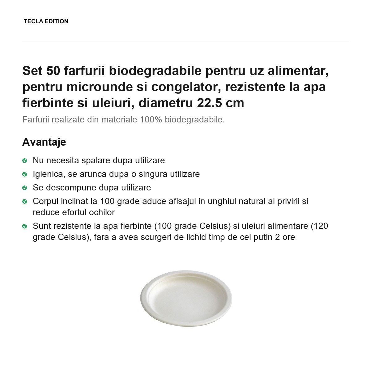 Set 50 farfurii biodegradabile pentru uz alimentar, pentru microunde si congelator, rezistente la apa fierbinte si uleiuri, diametru 22.5 cm [1]