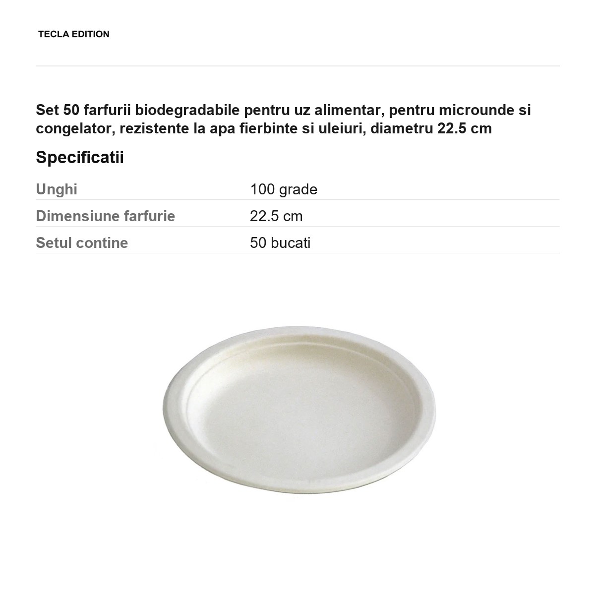 Set 50 farfurii biodegradabile pentru uz alimentar, pentru microunde si congelator, rezistente la apa fierbinte si uleiuri, diametru 22.5 cm [2]