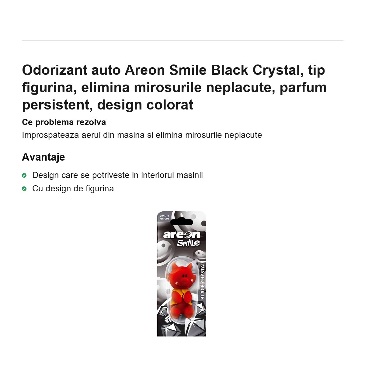 Odorizant auto Areon Smile Black Crystal, tip figurina, elimina mirosurile neplacute, parfum persistent, design colorat [1]