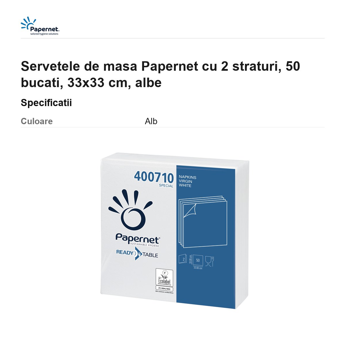 Servetele de masa Papernet cu 2 straturi, 50 bucati, 33x33 cm, albe [2]