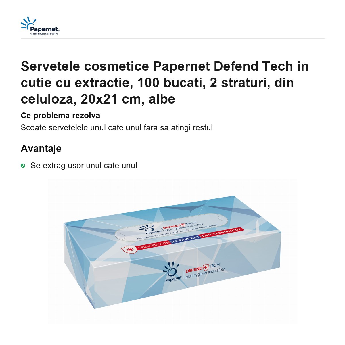 Servetele cosmetice Papernet Defend Tech in cutie cu extractie, 100 bucati, 2 straturi, din celuloza, 20x21 cm, albe [1]