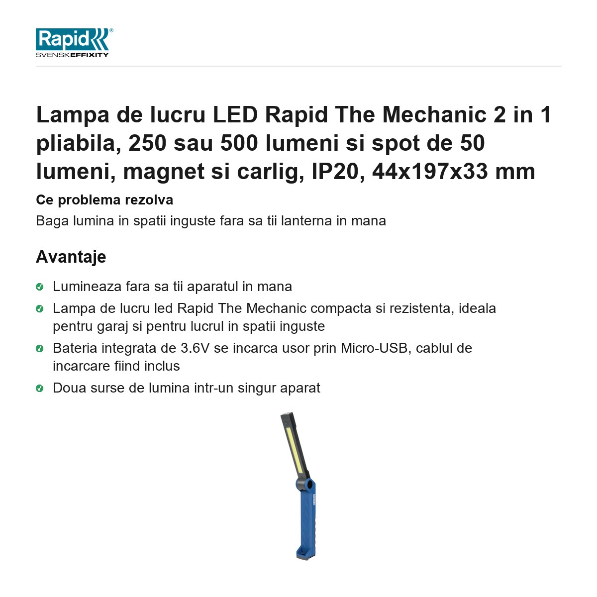 Lampa de lucru LED Rapid The Mechanic 2 in 1 pliabila, 250 sau 500 lumeni si spot de 50 lumeni, magnet si carlig, IP20, 44x197x33 mm [1]