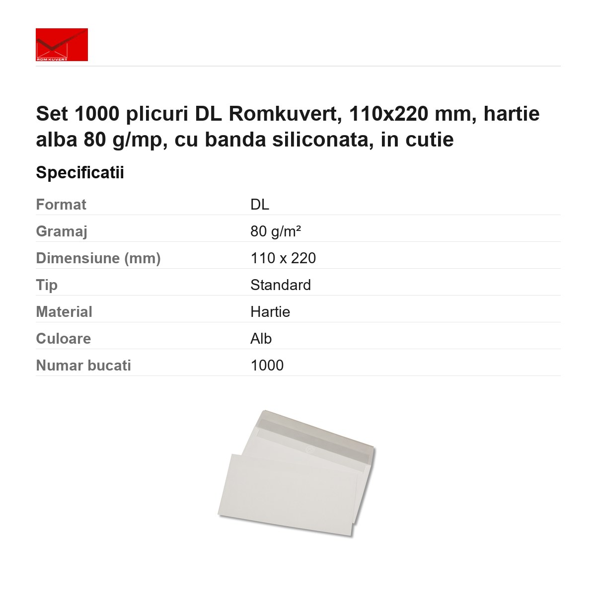 Set 1000 plicuri DL Romkuvert, 110x220 mm, hartie alba 80 g/mp, cu banda siliconata, in cutie [2]