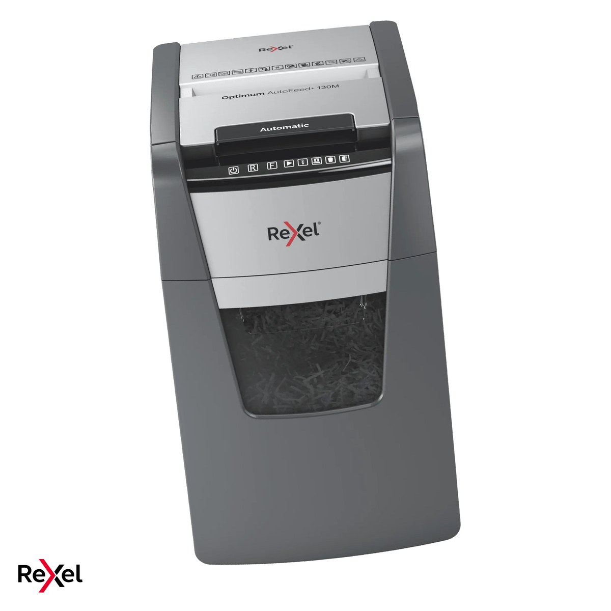 Birotica papetarie - Distrugator de documente Rexel Optimum 130M automat, taiere micro-cut P-5 in particule de 2x15 mm, 130 coli automat si 6 manual, cos de 44 l, functionare continua 30 de minute