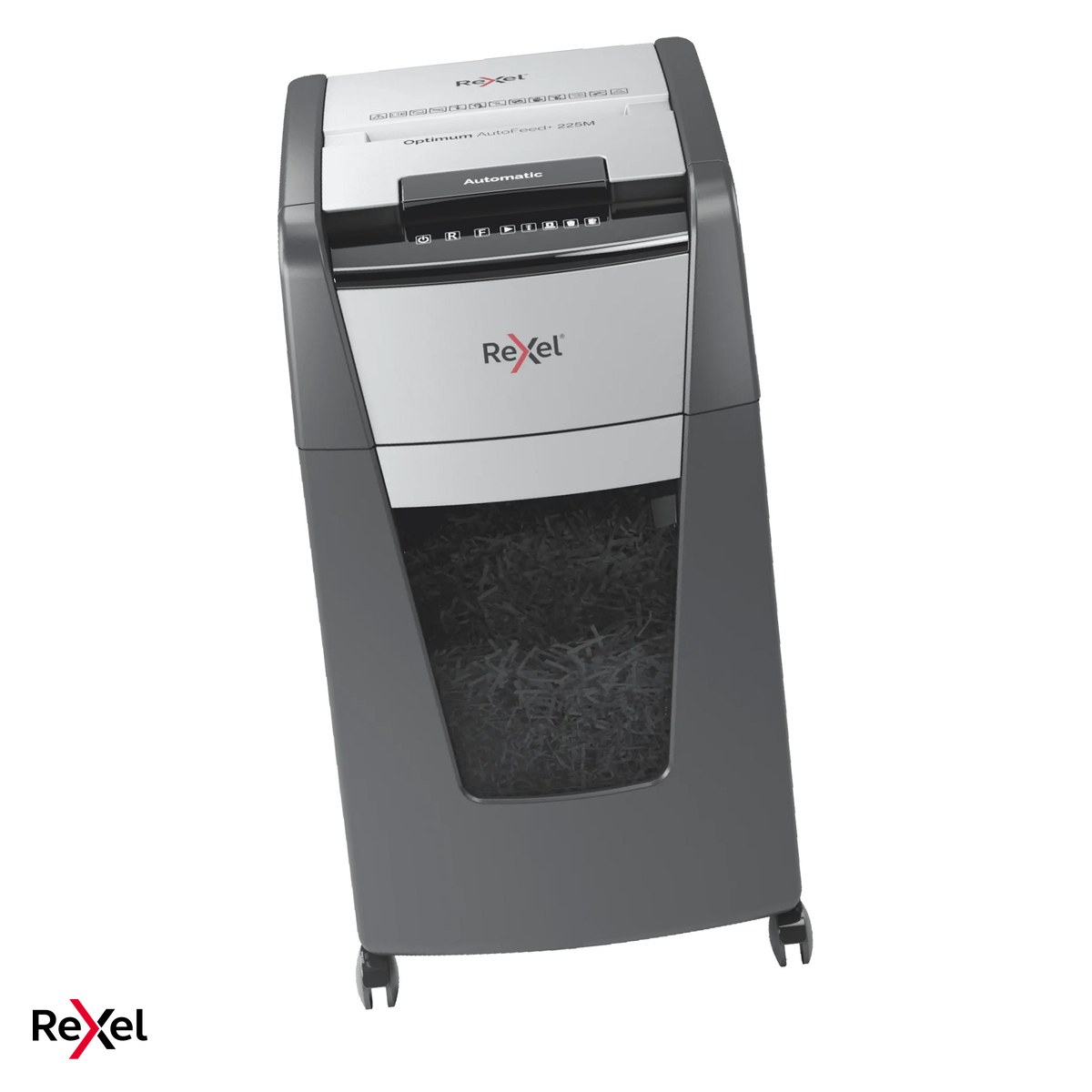 Birotica papetarie - Distrugator de documente Rexel Optimum 225M automat, taiere micro-cut P-5 in particule de 2x15 mm, 225 coli automat si 8 manual, cos de 60 l, pe roti, functionare continua 30 de minute