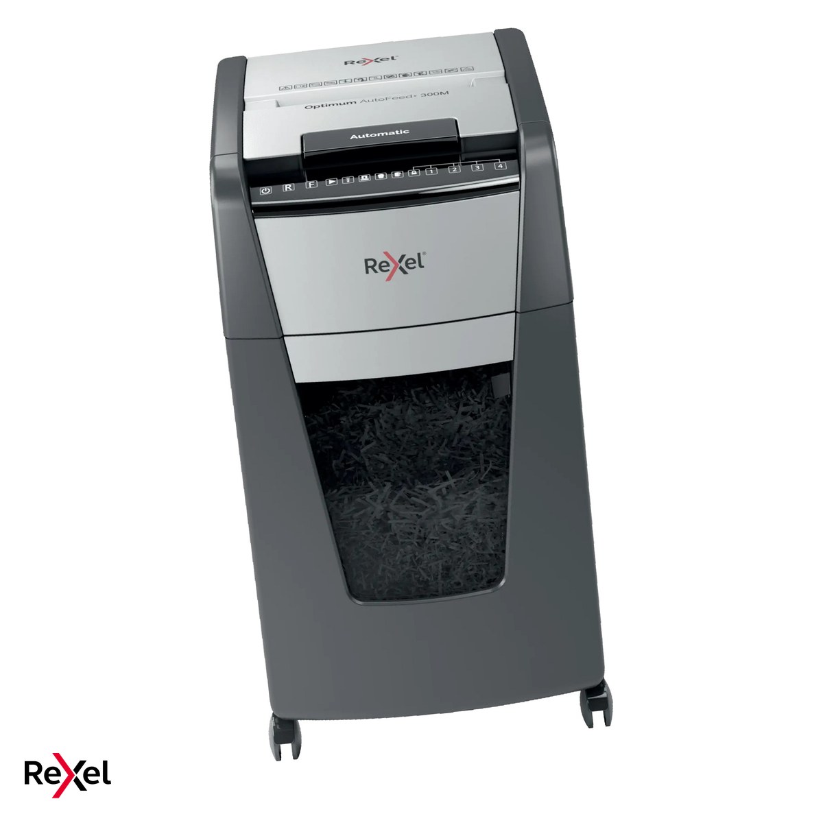 Birotica papetarie - Distrugator de documente Rexel Optimum 300M automat, taiere micro-cut P-5 in particule de 2x15 mm, 300 coli automat si 8 manual, cos de 60 l, pe roti, blocare cu cod PIN