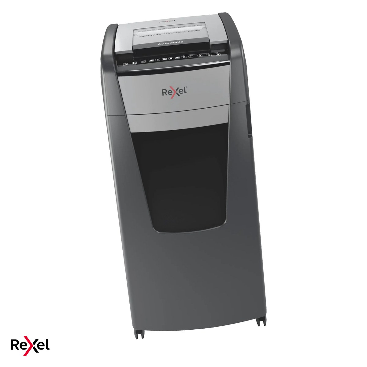 Birotica papetarie - Distrugator de documente Rexel Optimum 600M automat, taiere micro-cut P-5 in particule de 2x15 mm, 600 coli automat si 10 manual, cos de 110 l, pe roti, functionare continua 240 de minute