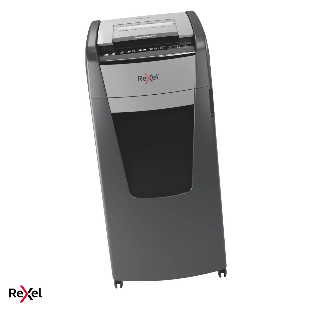 Birotica papetarie - Distrugator de documente Rexel Optimum 750M automat, taiere micro-cut P-5 in particule de 2x15 mm, 750 coli automat si 15 manual, cos de 140 l, pe roti, functionare continua 240 de minute