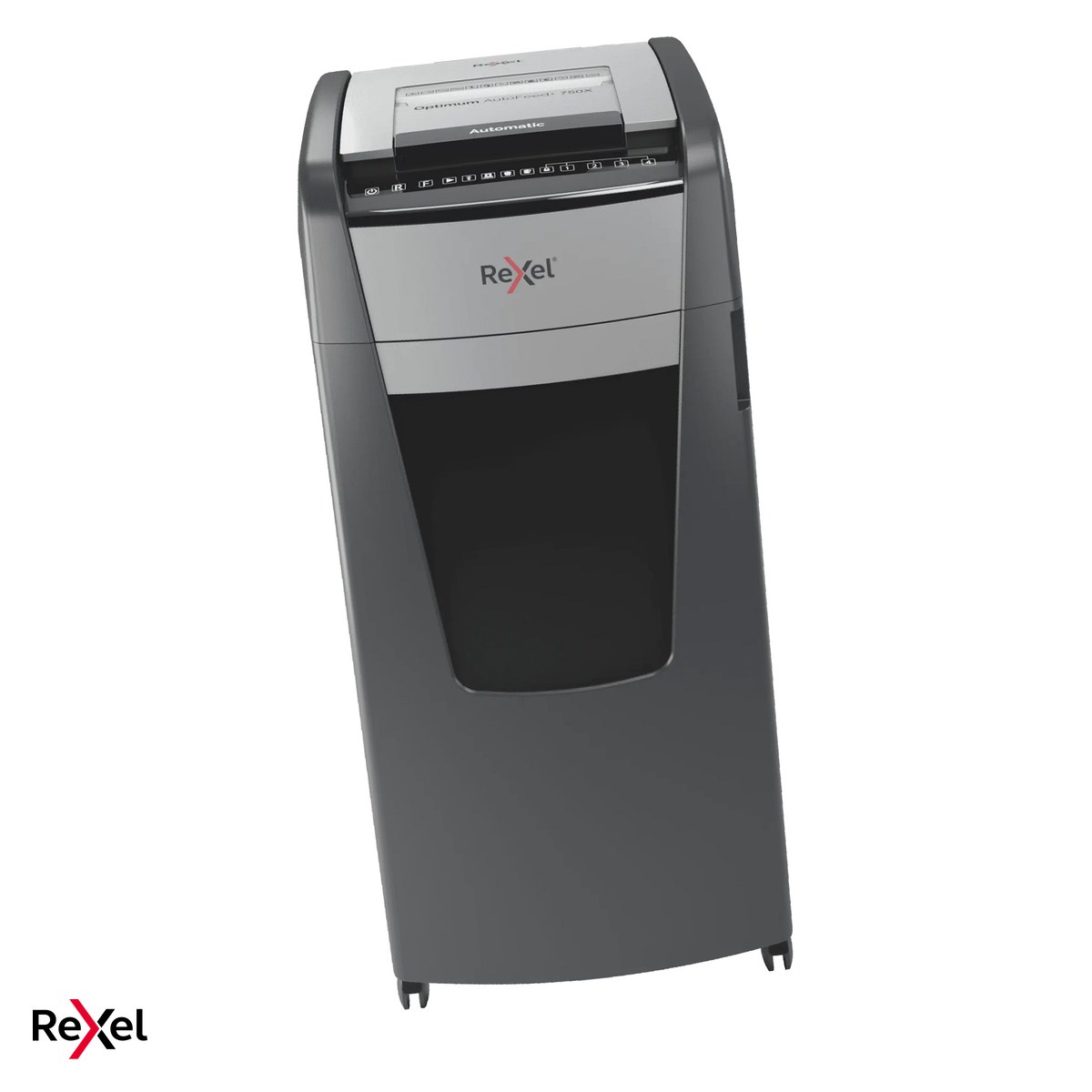 Birotica papetarie - Distrugator de documente Rexel Optimum 750X automat, taiere cross-cut P-4 in particule de 4x30 mm, 750 coli automat si 20 manual, cos de 140 l, pe roti, functionare continua 240 de minute