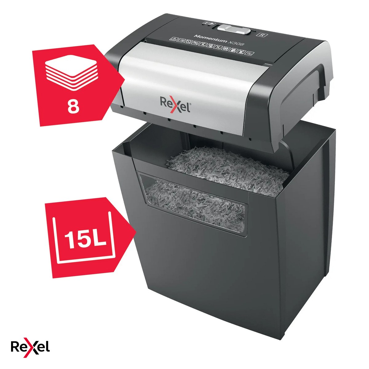 Birotica papetarie - Distrugator de documente Rexel Momentum X308, taiere cross-cut P-3 in particule de 5x42 mm, 8 coli, cos de 15 l, distruge documente capsate sau prinse cu agrafe
