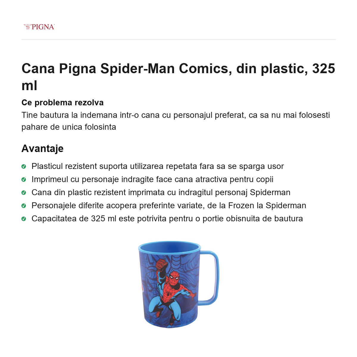 Cana Pigna Spider-Man Comics, din plastic, 325 ml [1]
